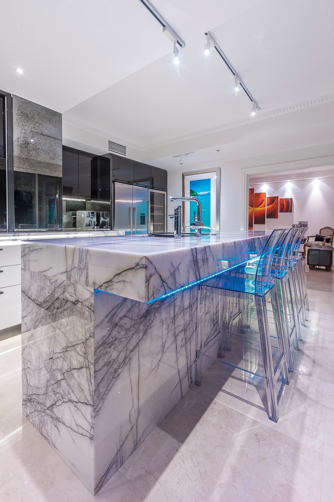 Inspiration for a mid-sized contemporary l-shaped porcelain tile eat-in kitchen remodel in Sydney with an undermount sink, glass-front cabinets, black cabinets, marble countertops, mirror backsplash, black appliances and an island
