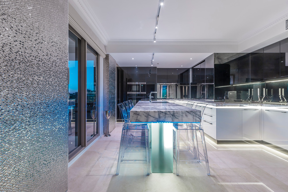 Medium sized contemporary l-shaped kitchen/diner in Sydney with a submerged sink, glass-front cabinets, black cabinets, marble worktops, mirror splashback, black appliances, porcelain flooring and an island.