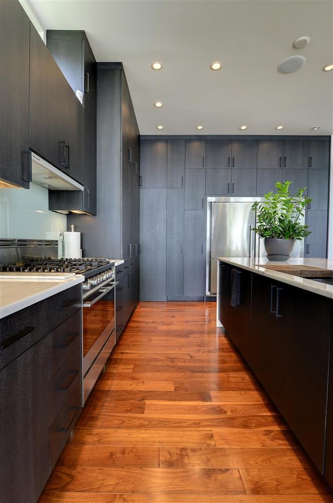 Foto de cocinas en L actual con armarios con paneles lisos, puertas de armario negras y electrodomésticos de acero inoxidable