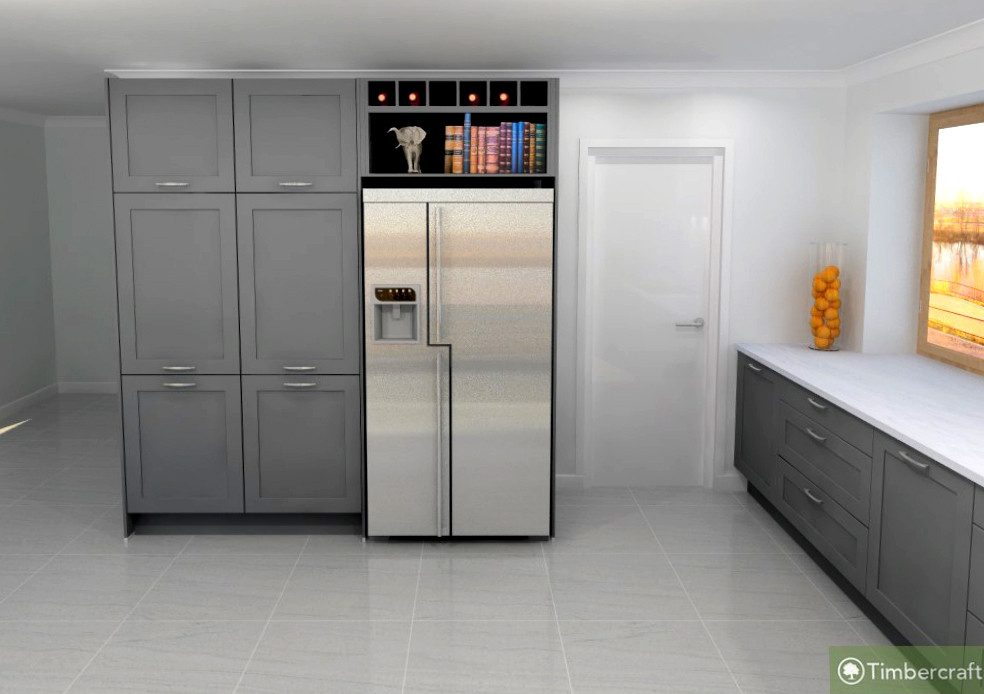 Exempel på ett mellanstort modernt vit vitt kök, med en integrerad diskho, luckor med infälld panel, grå skåp, bänkskiva i kvartsit, rostfria vitvaror och en köksö
