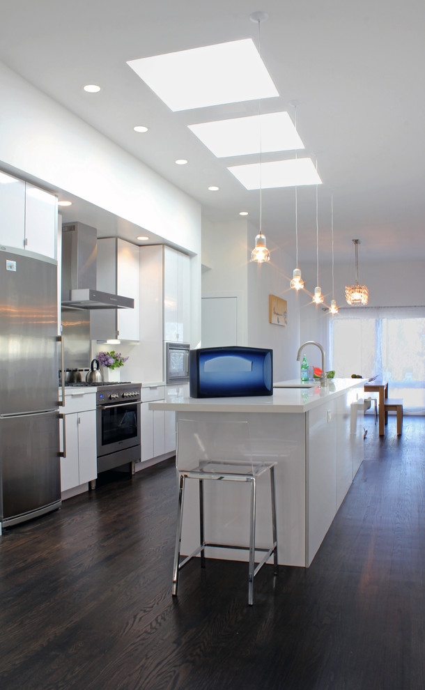This is an example of a modern galley kitchen in San Francisco with stainless steel appliances.