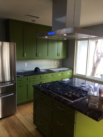 Mittelgroße Eklektische Wohnküche mit Waschbecken, Schrankfronten im Shaker-Stil, grünen Schränken, Granit-Arbeitsplatte, Küchengeräten aus Edelstahl, Bambusparkett und Kücheninsel in San Diego