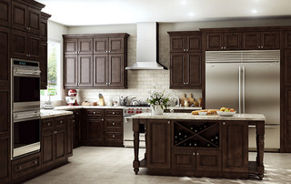 Mocha cabinets still make a statement with natural stone accents ...