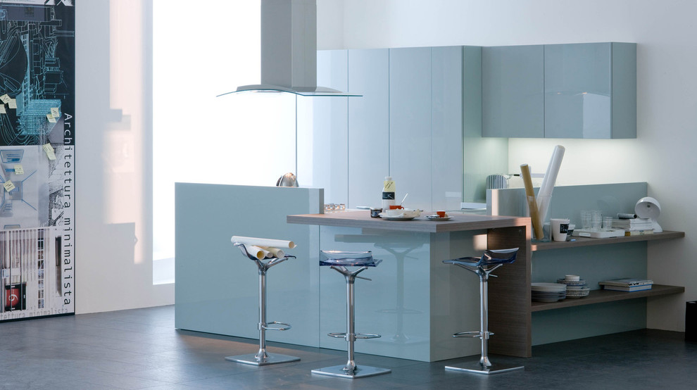 Foto de cocina lineal minimalista grande cerrada con fregadero integrado, electrodomésticos de acero inoxidable y suelo de madera oscura