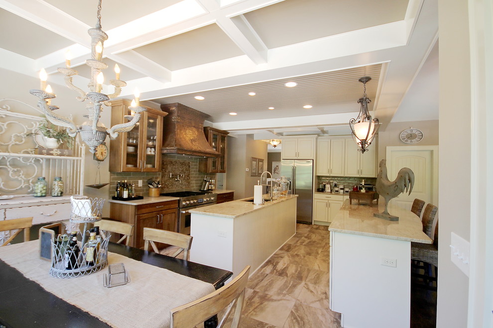 Photo of a classic open plan kitchen in Other with a submerged sink, flat-panel cabinets, light wood cabinets, granite worktops, beige splashback, ceramic splashback, stainless steel appliances, medium hardwood flooring and multiple islands.