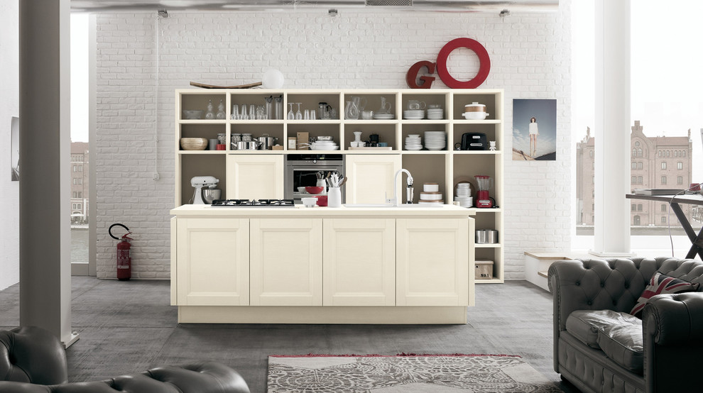 Immagine di una cucina design di medie dimensioni con lavello a doppia vasca, ante in stile shaker, ante bianche, top in cemento, paraspruzzi bianco e moquette