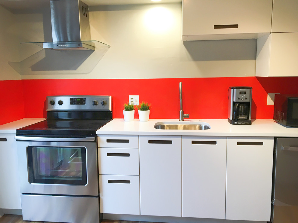 シャーロットにある低価格の小さなモダンスタイルのおしゃれなキッチン (シングルシンク、フラットパネル扉のキャビネット、白いキャビネット、クオーツストーンカウンター、赤いキッチンパネル、シルバーの調理設備、クッションフロア、アイランドなし、マルチカラーの床) の写真