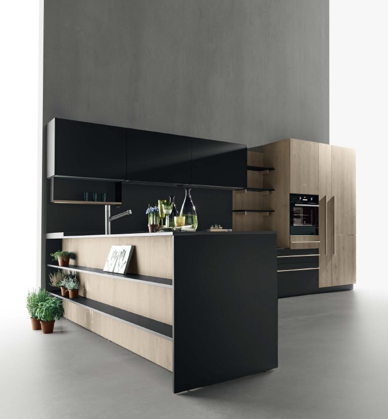 Inspiration for a medium sized modern l-shaped open plan kitchen in San Francisco with a built-in sink, flat-panel cabinets, black cabinets, engineered stone countertops, black appliances, concrete flooring, grey floors and black worktops.