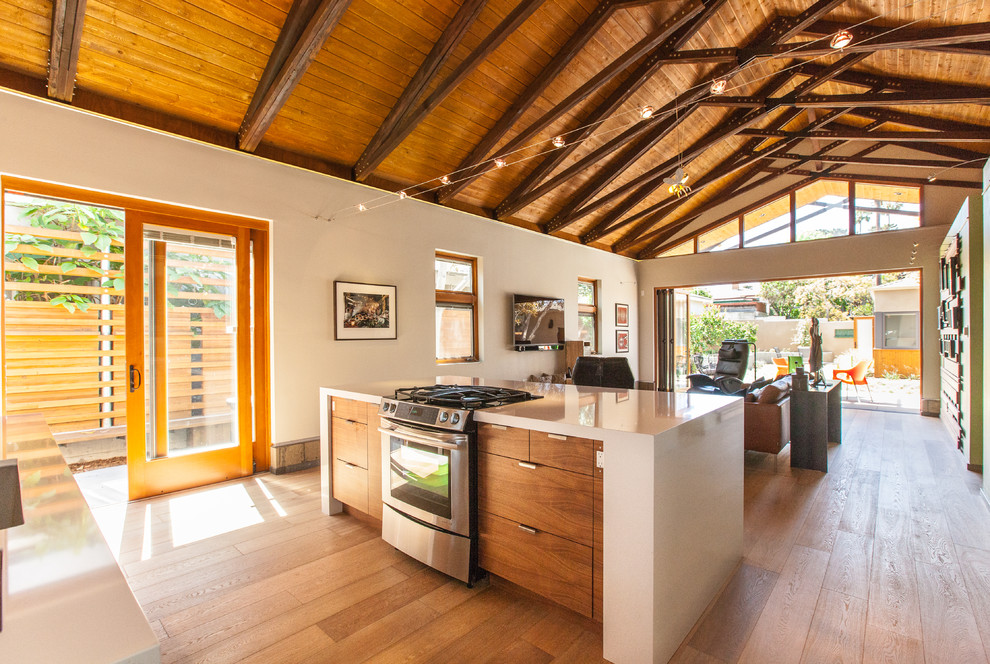 サンディエゴにあるミッドセンチュリースタイルのおしゃれなキッチン (フラットパネル扉のキャビネット、中間色木目調キャビネット、シルバーの調理設備、無垢フローリング) の写真