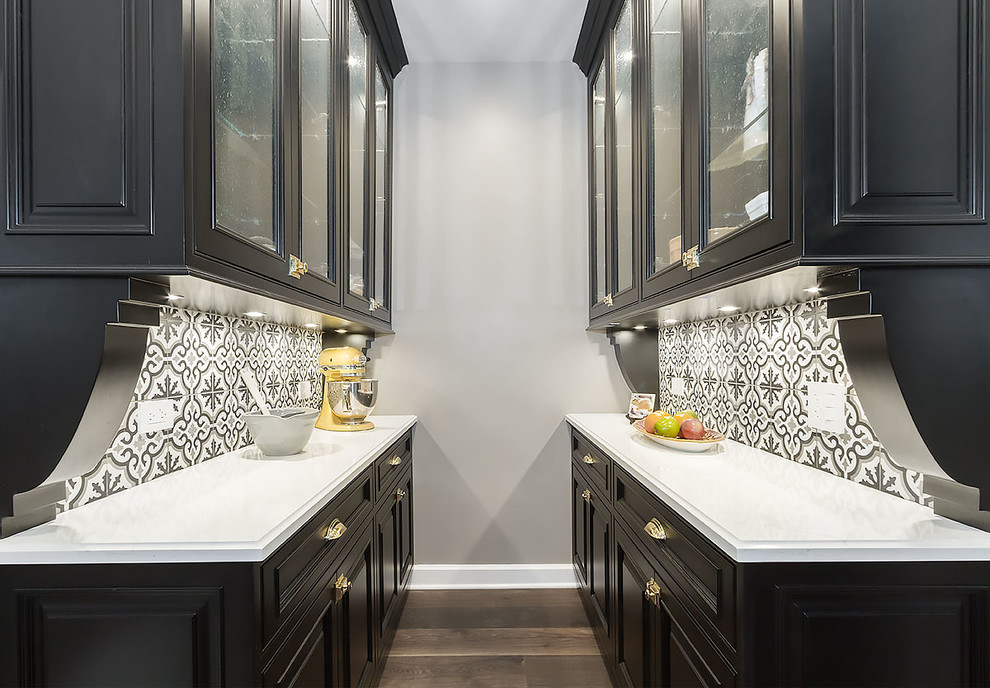 Photo of a medium sized traditional galley kitchen pantry in Chicago with raised-panel cabinets, black cabinets, granite worktops, multi-coloured splashback, ceramic splashback, stainless steel appliances, medium hardwood flooring and brown floors.