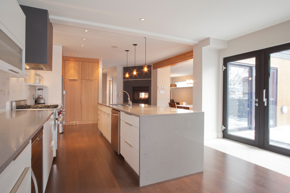 Moderne Küche mit Quarzwerkstein-Arbeitsplatte und braunem Holzboden in Sonstige