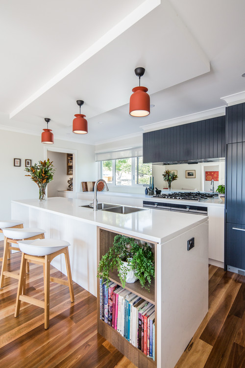 Colorful Elegance: Blue Beadboard Cabinets and White Kitchen Island Ideas with Storage