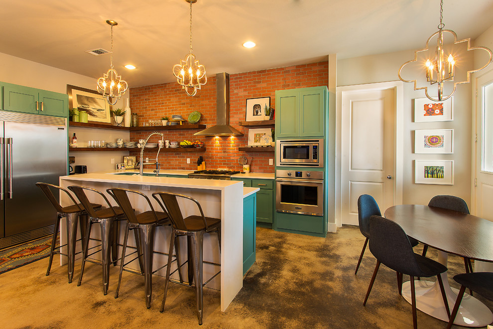 Inspiration for a mid-sized farmhouse u-shaped concrete floor and beige floor open concept kitchen remodel in Dallas with an undermount sink, recessed-panel cabinets, turquoise cabinets, quartz countertops, red backsplash, brick backsplash, stainless steel appliances, an island and white countertops