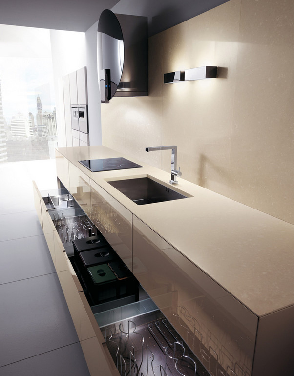This is an example of a medium sized modern single-wall kitchen/diner in Toronto with a submerged sink, flat-panel cabinets, beige cabinets, engineered stone countertops, stainless steel appliances, porcelain flooring and no island.
