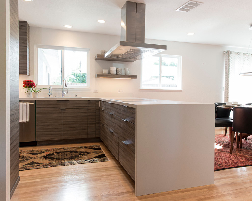 Mid-sized minimalist l-shaped light wood floor and brown floor eat-in kitchen photo in San Francisco with an undermount sink, flat-panel cabinets, dark wood cabinets, quartz countertops, white backsplash, stone slab backsplash, stainless steel appliances, a peninsula and white countertops