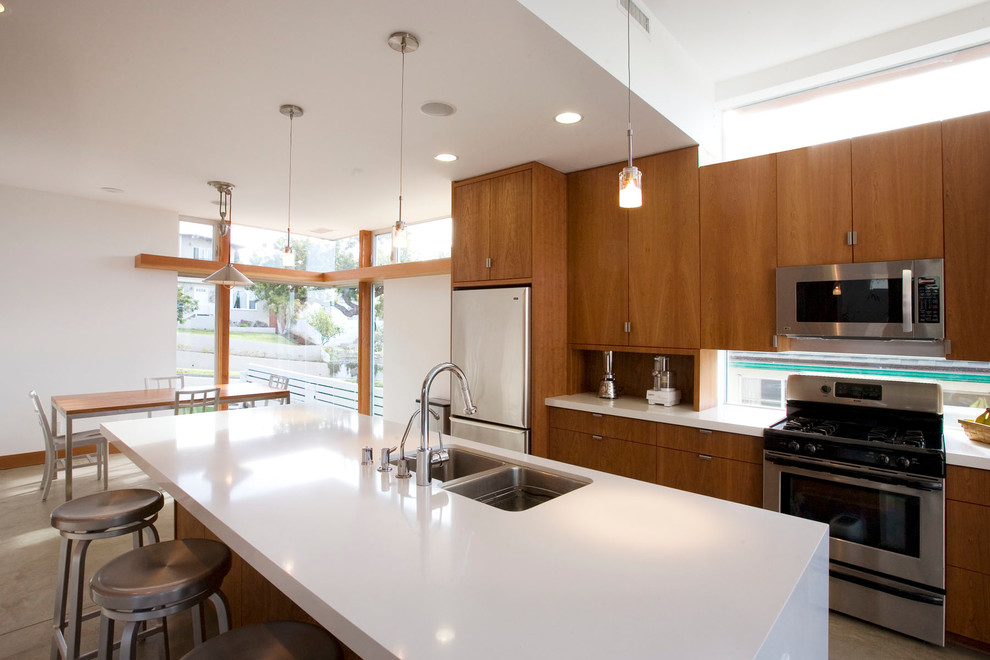 This is an example of a contemporary kitchen in Boston with flat-panel cabinets and stainless steel appliances.