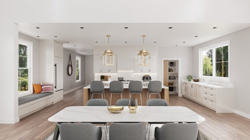 Zweizeilige, Große Landhausstil Wohnküche mit Granit-Arbeitsplatte, hellem Holzboden, Kücheninsel, braunem Boden und weißer Arbeitsplatte in New York