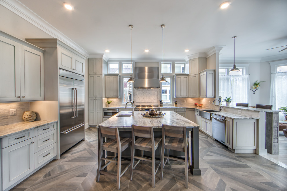 Large farmhouse u-shaped ceramic tile and gray floor open concept kitchen photo in DC Metro with a farmhouse sink, shaker cabinets, gray cabinets, granite countertops, gray backsplash, ceramic backsplash, stainless steel appliances, an island and gray countertops