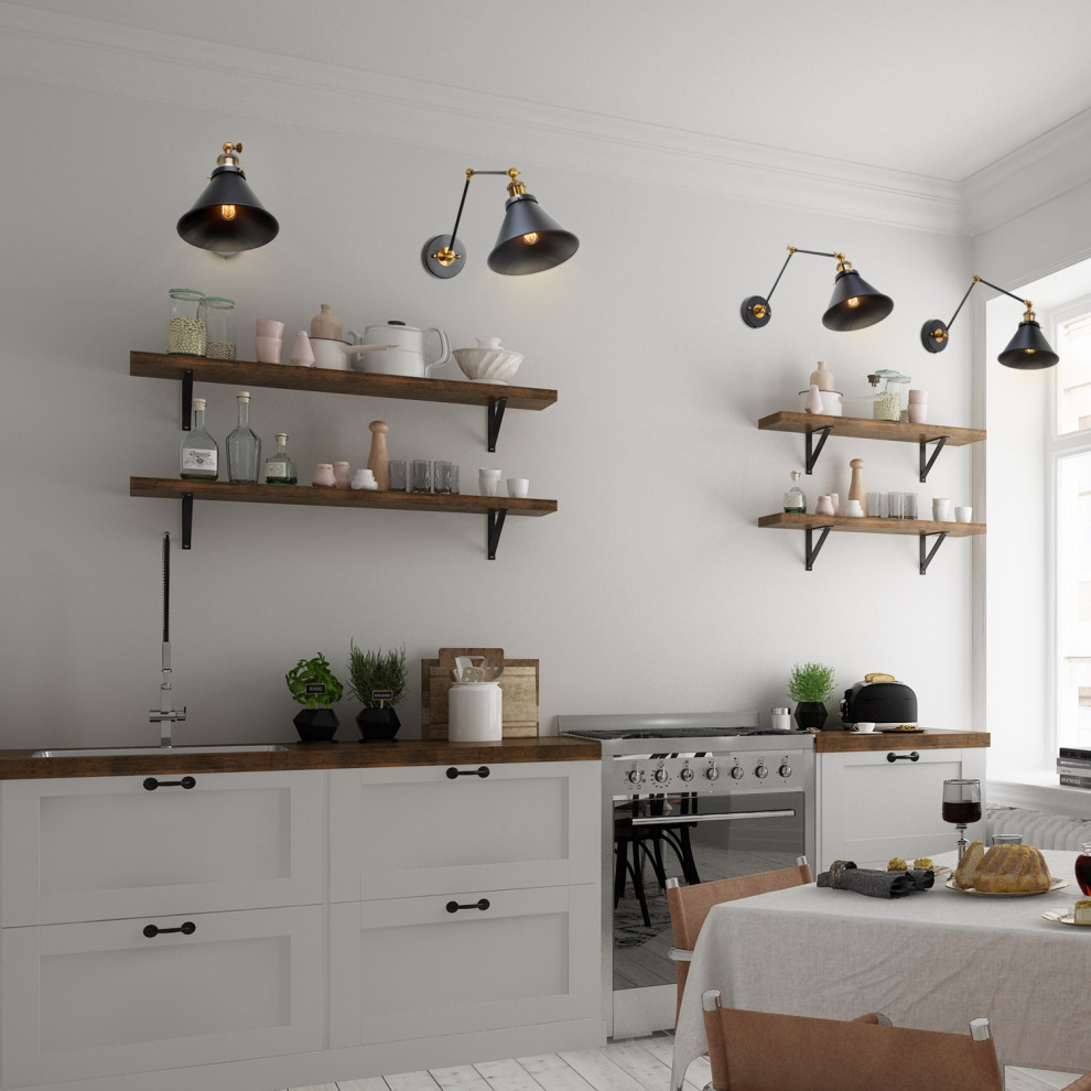 Exempel på ett avskilt, litet modernt vit linjärt vitt kök, med en enkel diskho, luckor med profilerade fronter, vita skåp, träbänkskiva, vitt stänkskydd, stänkskydd i tegel, rostfria vitvaror, ljust trägolv och vitt golv