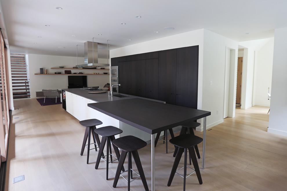 Foto de cocina lineal moderna con armarios con paneles lisos, puertas de armario de madera en tonos medios, suelo de madera clara y una isla