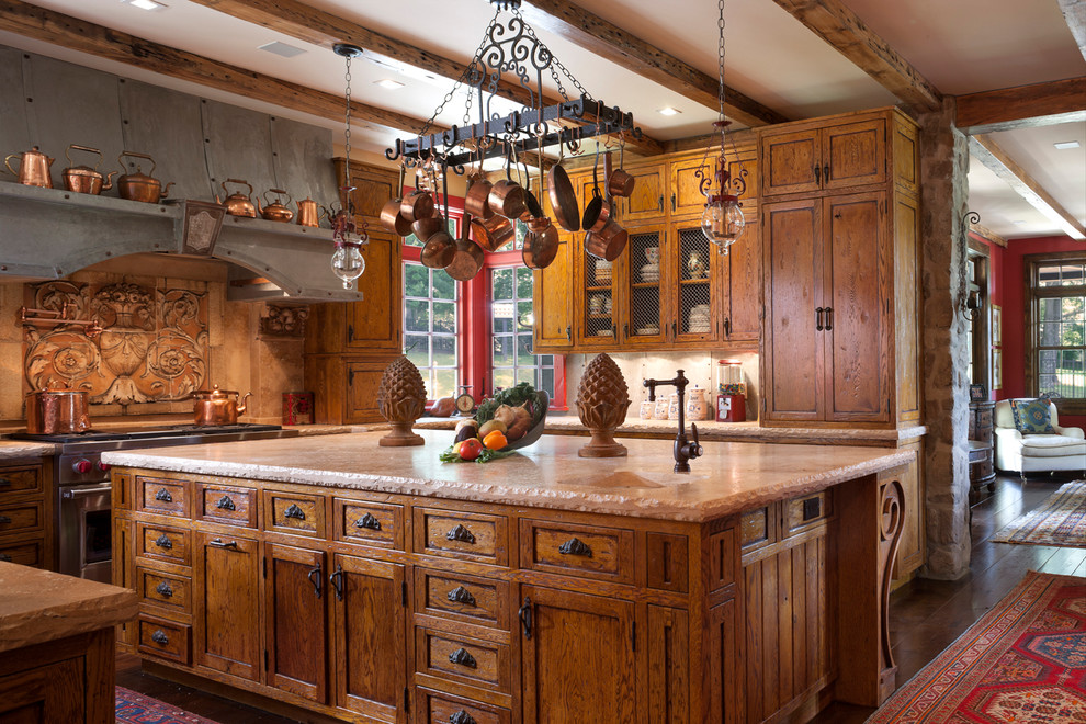 Country dark wood floor enclosed kitchen photo in New York with an integrated sink, recessed-panel cabinets, medium tone wood cabinets, beige backsplash, stainless steel appliances and an island