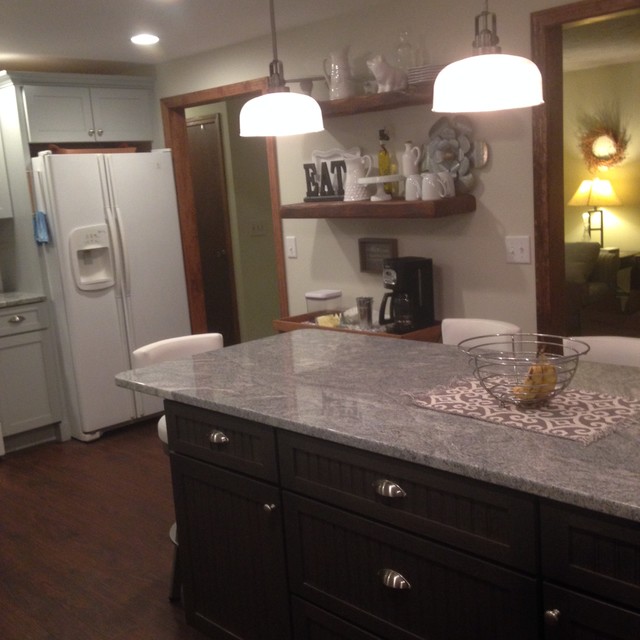 Modern Green Tea Kitchen Remodel with Pebble Kitchen Island Modern