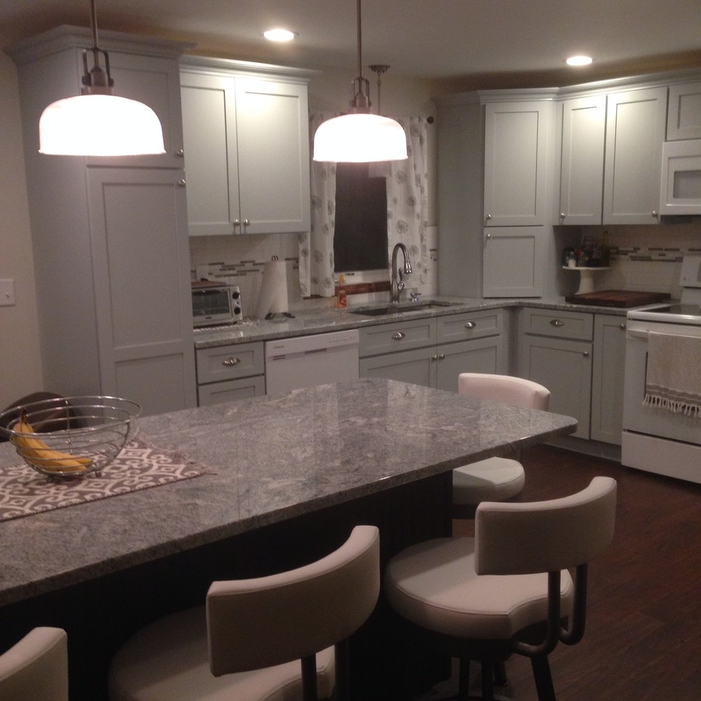 Modern Green Tea Kitchen Remodel with Pebble Kitchen Island Modern