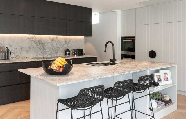 Modern, Grey V-Groove Kitchen with Butlers Pantry - Modern - Kitchen
