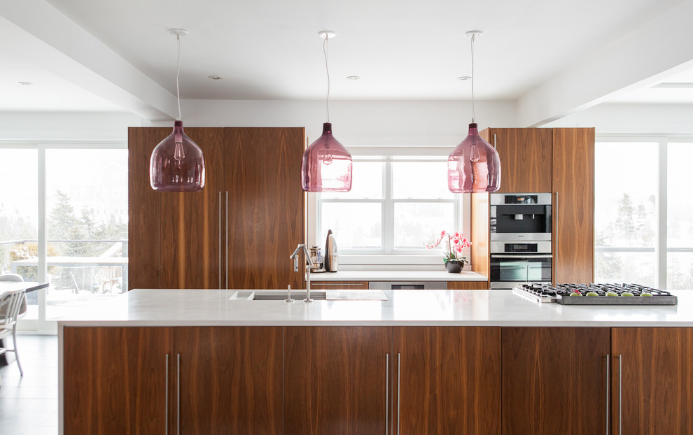 Immagine di una cucina parallela minimal con ante lisce, ante in legno scuro e elettrodomestici in acciaio inossidabile