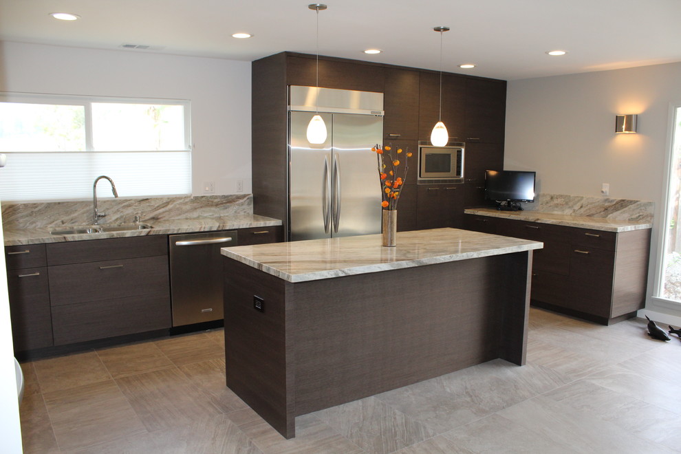 Photo of a contemporary kitchen in Los Angeles with flat-panel cabinets.