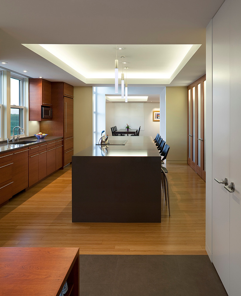 Foto de cocina comedor contemporánea con fregadero bajoencimera, armarios con paneles lisos, puertas de armario de madera oscura, encimera de cuarcita, electrodomésticos con paneles, suelo de bambú y una isla