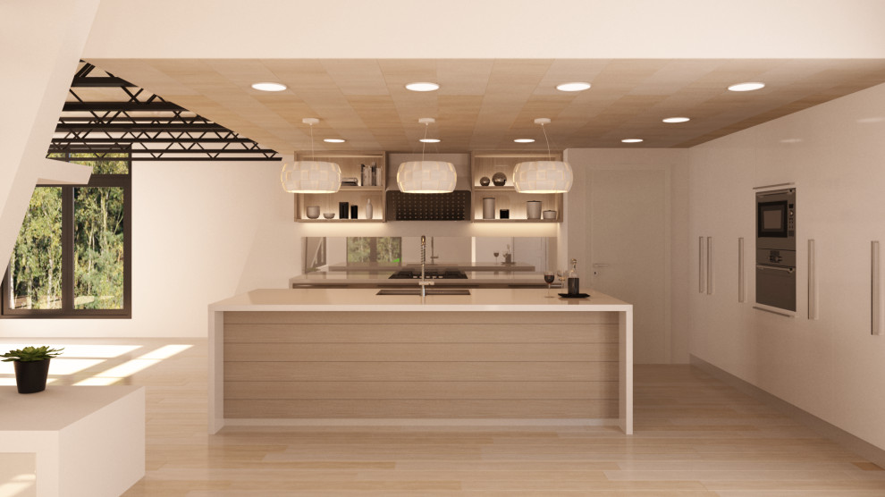 Inspiration för ett stort funkis vit linjärt vitt kök och matrum, med vita skåp, en köksö, en enkel diskho, marmorbänkskiva, vitt stänkskydd, stänkskydd i trä, rostfria vitvaror, mellanmörkt trägolv och beiget golv