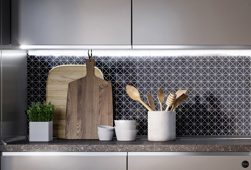 Ejemplo de cocina minimalista con salpicadero negro y salpicadero de azulejos de cerámica