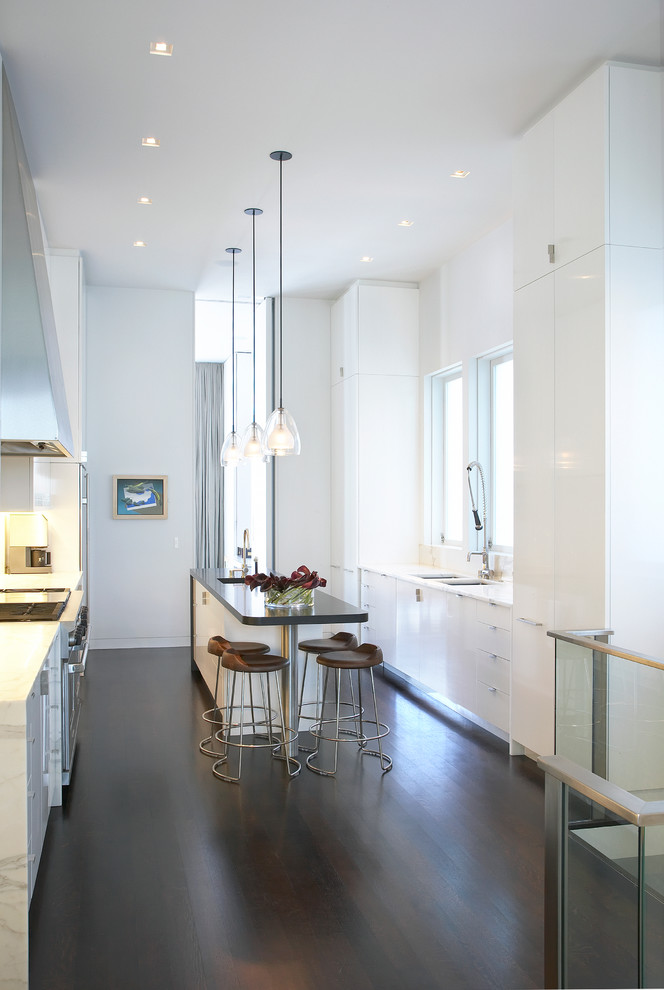 Cette photo montre une cuisine moderne avec un placard à porte plane et des portes de placard blanches.