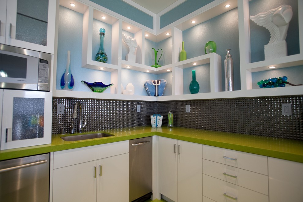 Example of a trendy kitchen design in San Diego with quartz countertops, metallic backsplash, mosaic tile backsplash and green countertops