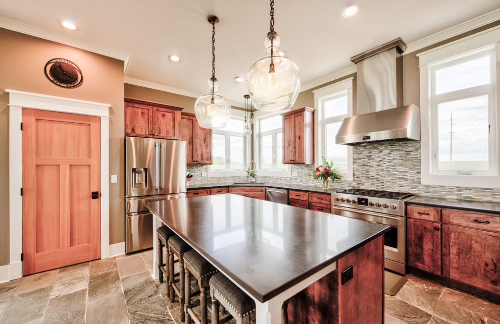 Example of a mid-sized minimalist u-shaped eat-in kitchen design in Other with recessed-panel cabinets, brown cabinets, granite countertops, an island, gray countertops, a double-bowl sink, gray backsplash, stone tile backsplash and stainless steel appliances