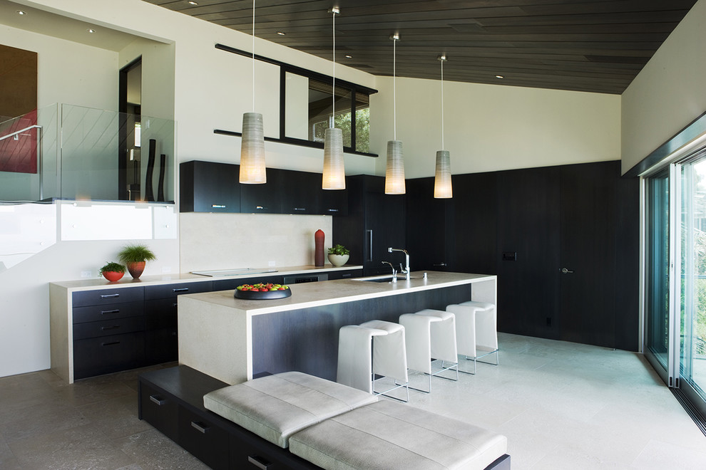 Cette image montre une cuisine parallèle et encastrable minimaliste avec un évier encastré, un placard à porte plane et des portes de placard noires.