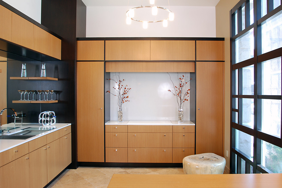 Modelo de cocina minimalista con armarios con paneles lisos y puertas de armario de madera oscura