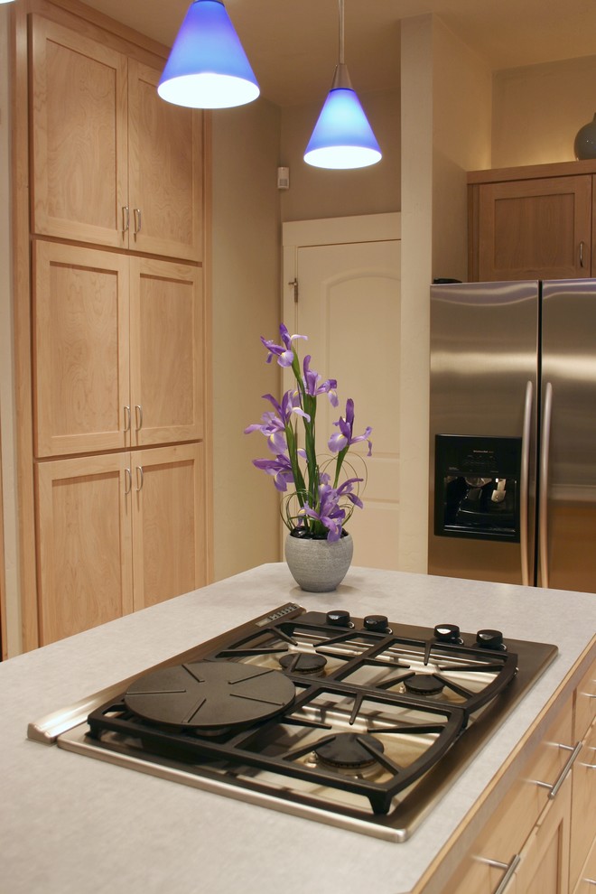 Foto di una cucina minimalista di medie dimensioni con ante in stile shaker, ante in legno chiaro, top in laminato, elettrodomestici in acciaio inossidabile e pavimento in bambù