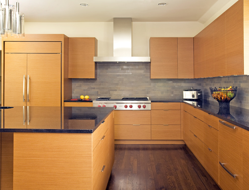 Kitchen - modern kitchen idea in Dallas with paneled appliances