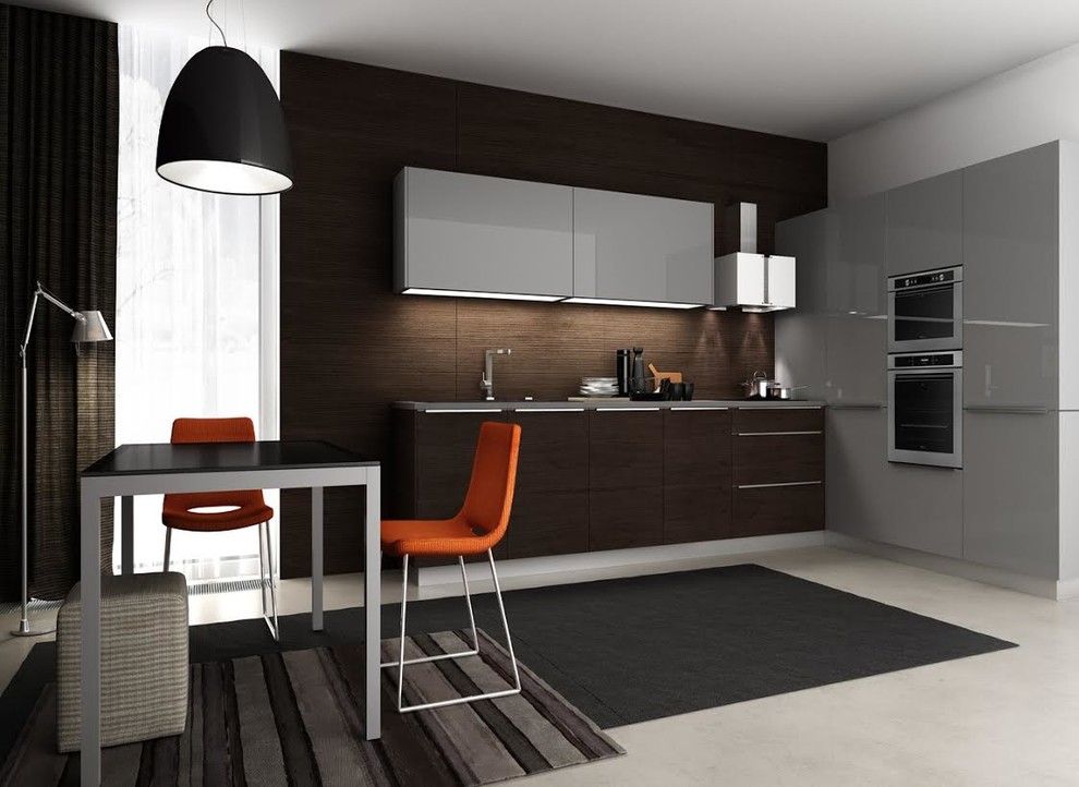 Photo of a medium sized modern single-wall kitchen/diner in Miami with a submerged sink, flat-panel cabinets, grey cabinets, brown splashback, concrete flooring, no island and grey floors.