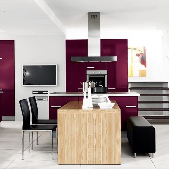 Mid-sized minimalist single-wall concrete floor and white floor open concept kitchen photo in Miami with flat-panel cabinets, purple cabinets, stainless steel appliances and an island