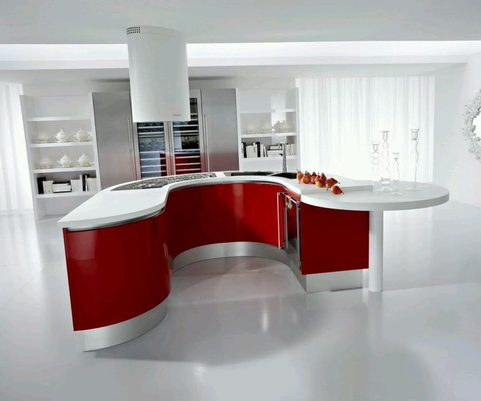 Exempel på ett stort modernt linjärt kök och matrum, med en dubbel diskho, öppna hyllor, röda skåp, bänkskiva i koppar, rostfria vitvaror, betonggolv, en köksö och vitt golv