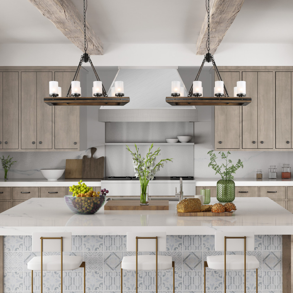 Inspiration for a small rural u-shaped kitchen/diner in Atlanta with a double-bowl sink, beaded cabinets, beige cabinets, concrete worktops, beige splashback, brick splashback, stainless steel appliances, plywood flooring, an island, brown floors and white worktops.