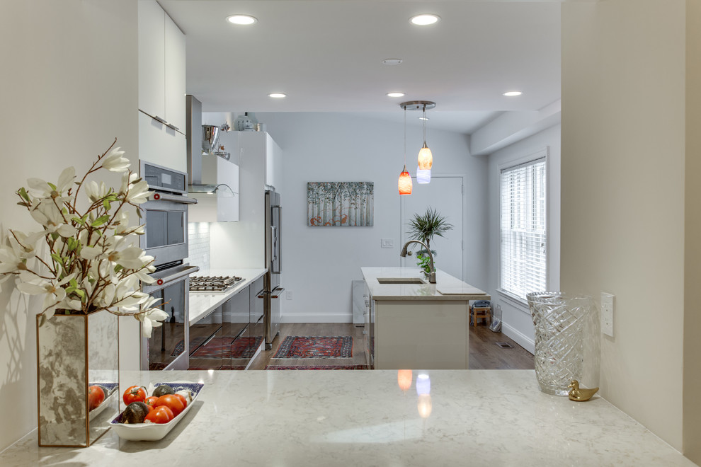 Esempio di una cucina minimalista di medie dimensioni con lavello sottopiano, ante lisce, paraspruzzi bianco, elettrodomestici in acciaio inossidabile e pavimento in legno massello medio