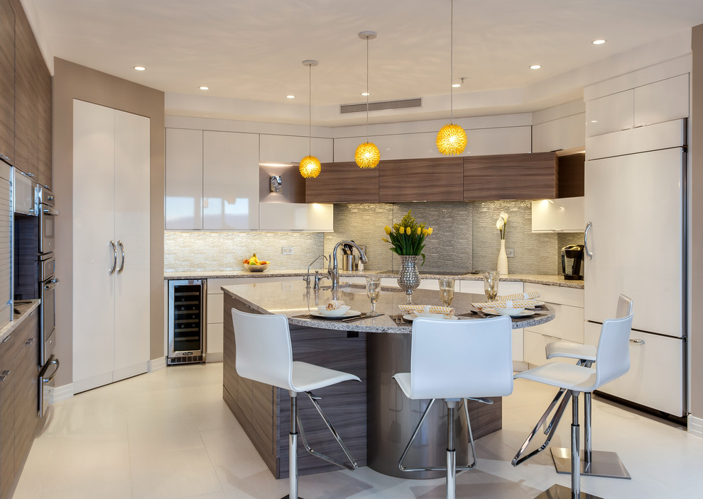 Eat-in kitchen - mid-sized contemporary u-shaped porcelain tile eat-in kitchen idea in Denver with an undermount sink, glass-front cabinets, white cabinets, quartz countertops, brown backsplash, glass sheet backsplash, paneled appliances and an island