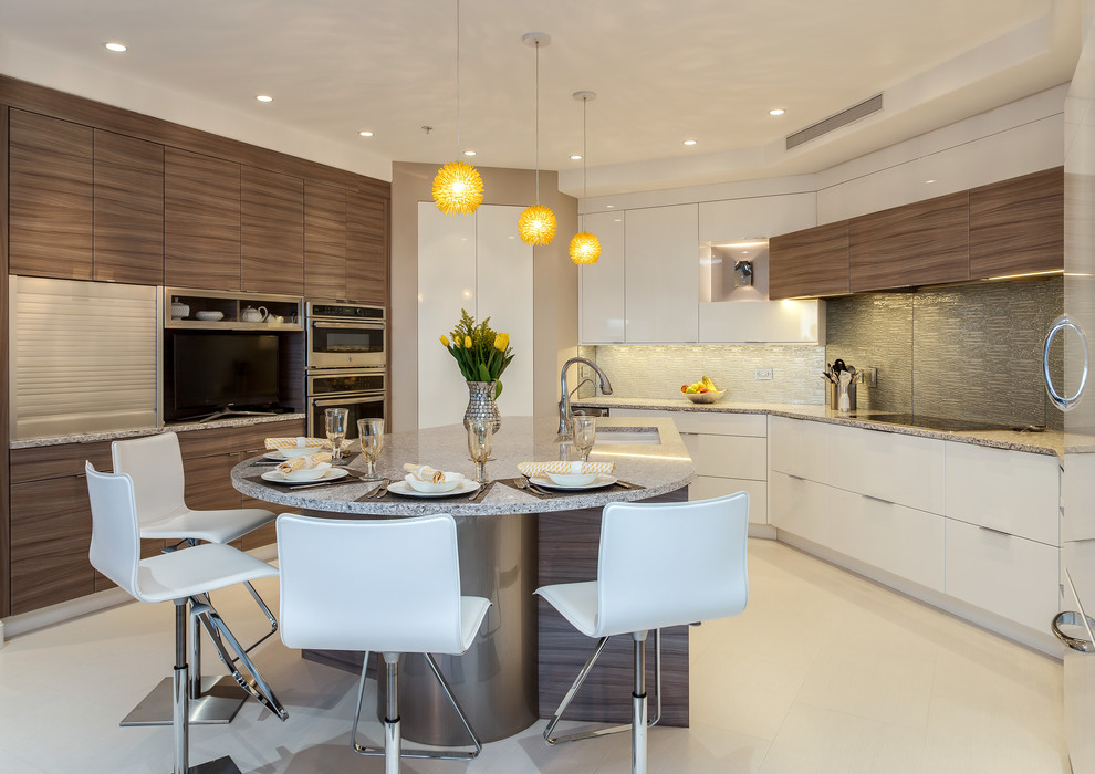 Eat-in kitchen - mid-sized contemporary u-shaped porcelain tile eat-in kitchen idea in Denver with an undermount sink, glass-front cabinets, white cabinets, quartz countertops, brown backsplash, glass sheet backsplash, stainless steel appliances and an island
