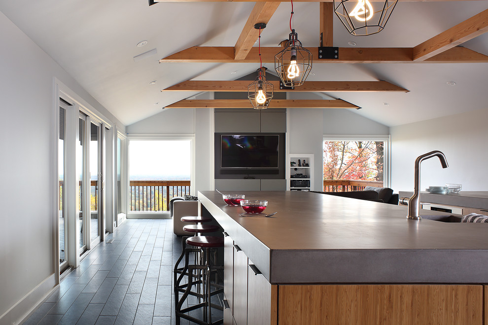 Bild på ett stort funkis grå grått kök, med en integrerad diskho, släta luckor, skåp i ljust trä, bänkskiva i betong, integrerade vitvaror, cementgolv, flera köksöar och grått golv