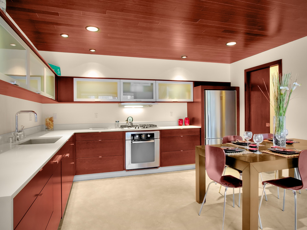 Foto de cocina minimalista con electrodomésticos de acero inoxidable, fregadero de un seno, armarios tipo vitrina y puertas de armario de madera en tonos medios