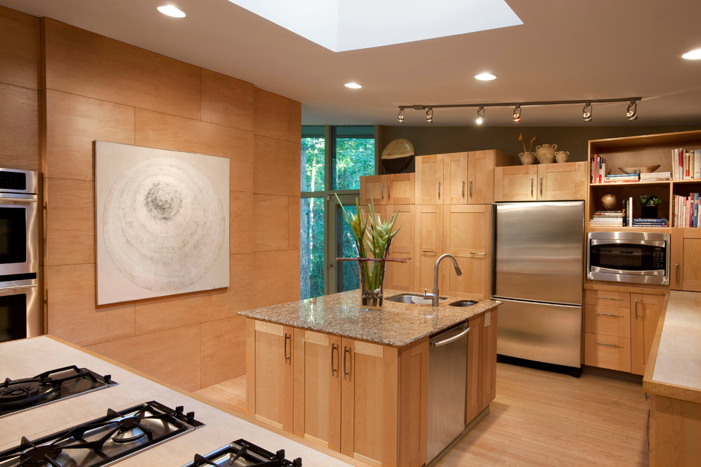 Design ideas for a contemporary kitchen in Milwaukee with shaker cabinets and light wood cabinets.